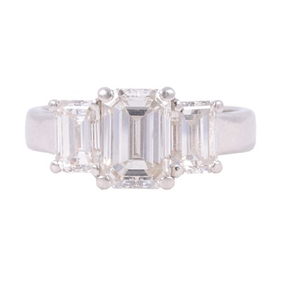 Lot 48 - A diamond three stone ring, centre diamond 2.03 carat, total of outer two diamonds 1.68 carats.