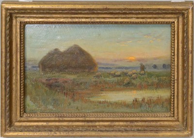 Lot 44 - Owen Baxter Morgan, Sheep in a landscape at dusk
