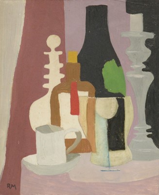 Lot 23 - Ronald Hamilton Moore, Bottles with fruit, 1940; and four other abstract still lifes