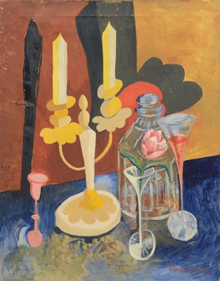 Lot 23 - Ronald Hamilton Moore, Bottles with fruit, 1940; and four other abstract still lifes