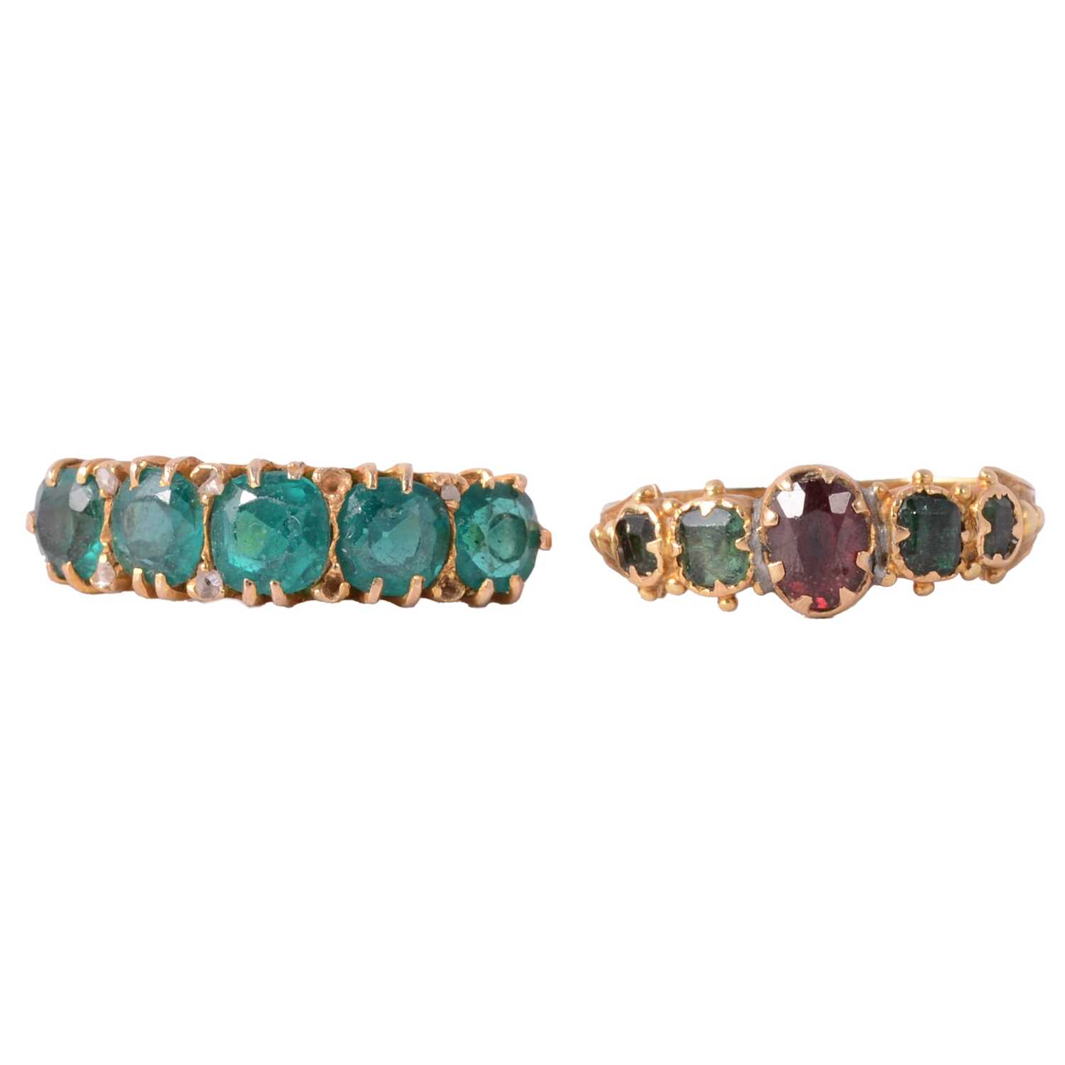 Lot 27 - Two gemset rings, green stone and diamond, green and pink gemstones.