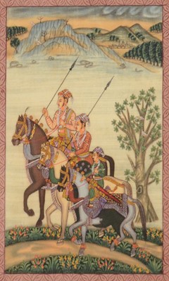 Lot 46 - Two Persian illuminated pages, and three Persian gouache on canvas