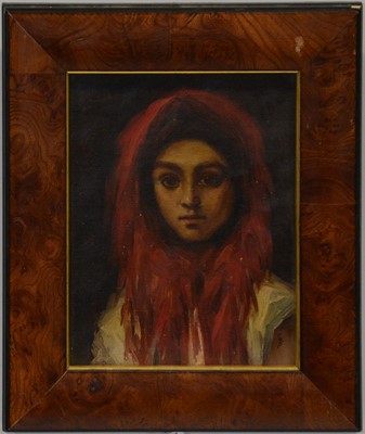 Lot 2 - Continental School, Portrait of a young girl in red head scarf