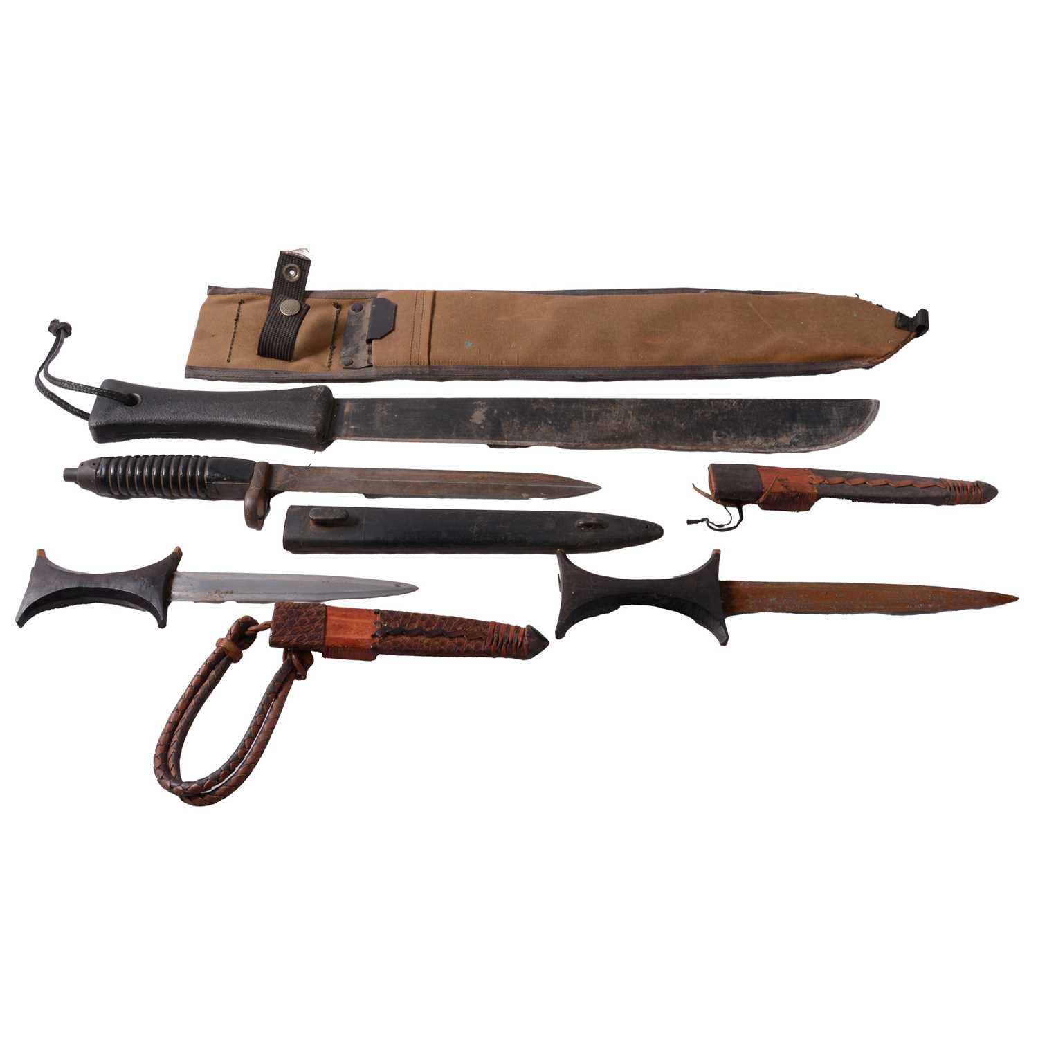 Lot 117 - Machete, various bayonets and knives.
