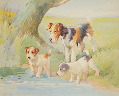 Lot 252 - A E Kennedy, Three dog watercolours and a charcoal drawing