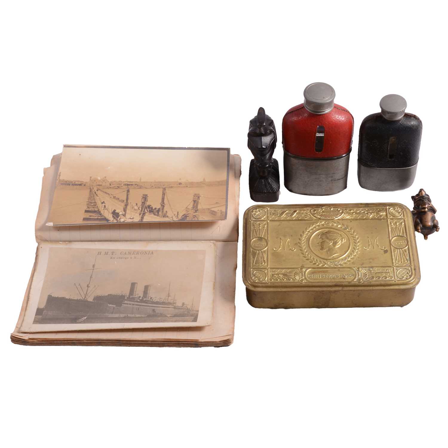Lot 114 - Princess Mary Christmas 1914 tin, postcards, hip flask, etc.