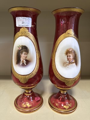 Lot 23 - Pair of Bohemian ruby glass vases; lustre vase; pair of flutes