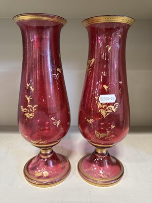 Lot 23 - Pair of Bohemian ruby glass vases; lustre vase; pair of flutes
