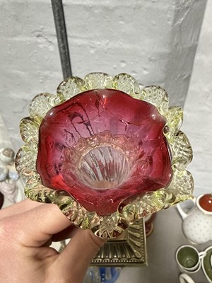 Lot 23 - Pair of Bohemian ruby glass vases; lustre vase; pair of flutes