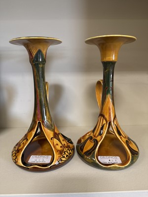 Lot 14 - Unusual pair of Doulton Lambeth Art Nouveau candlesticks
