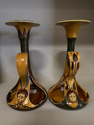Lot 14 - Unusual pair of Doulton Lambeth Art Nouveau candlesticks
