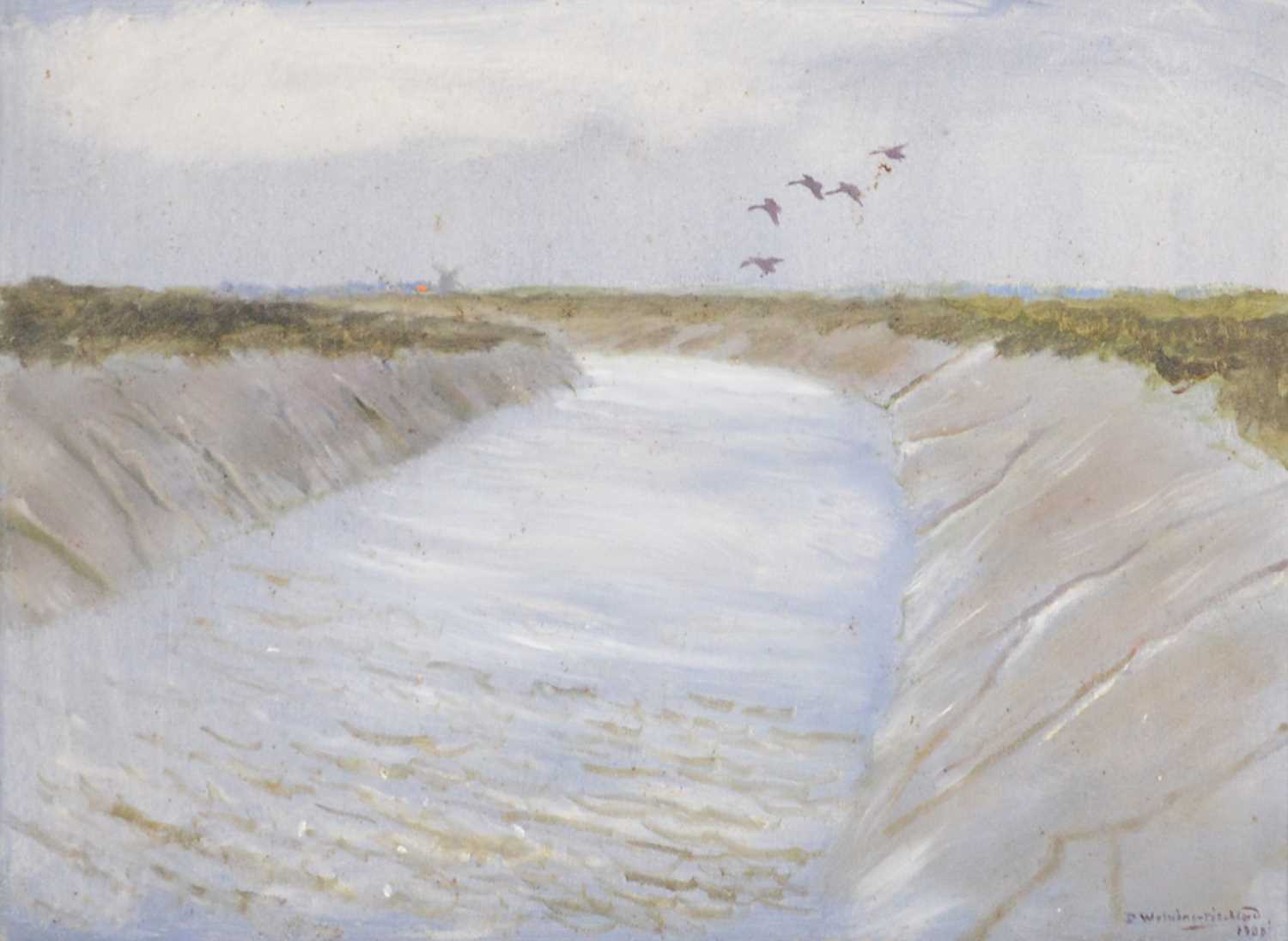 Lot 134 - Denys Watkins-Pitchford, Wildfowl over an estuary.
