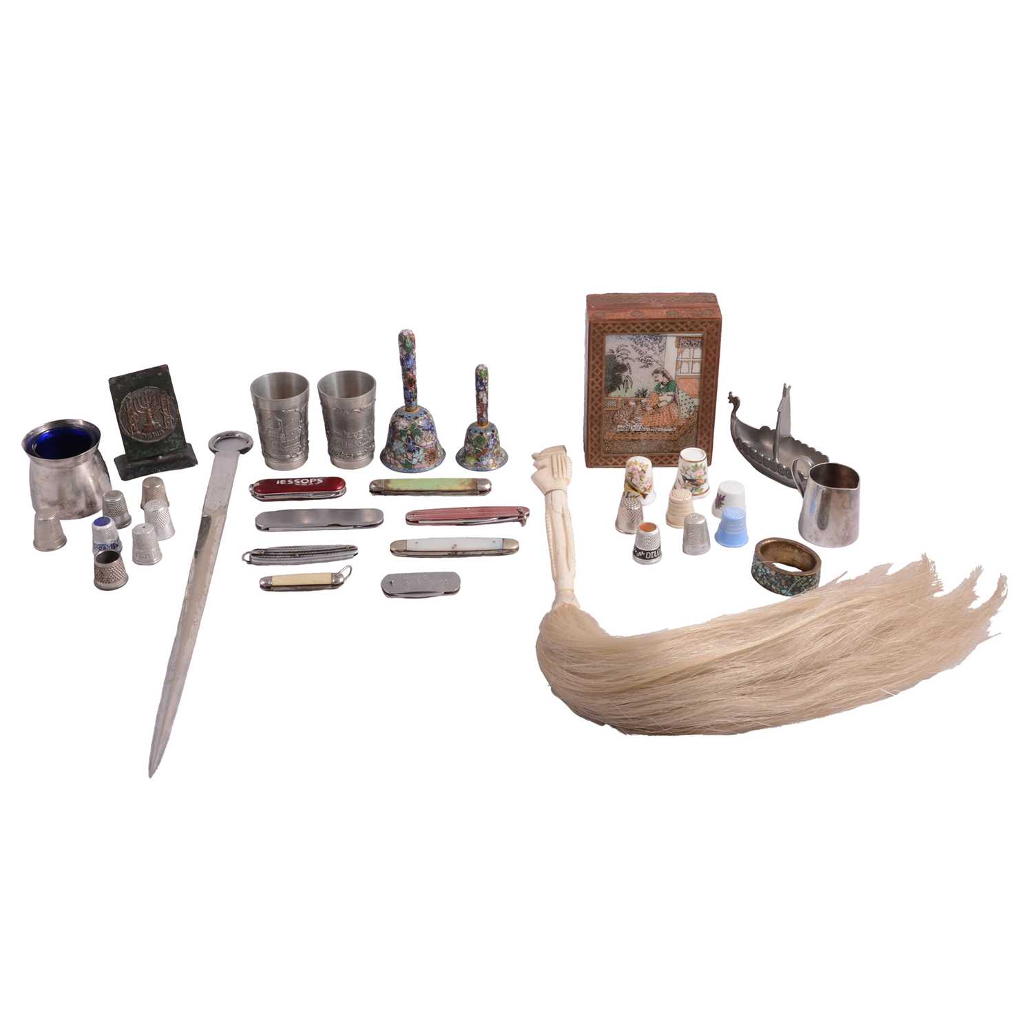 Lot 52 - Bone-handled fly whisk; silver-plated and pewter wares; two cloisonne bells; penknives etc