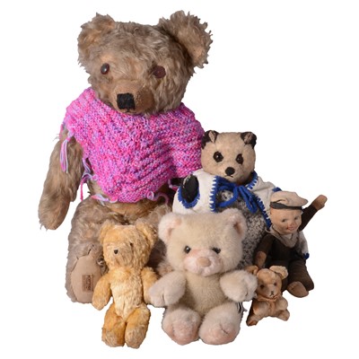 Lot 143 - Large Merrythought teddy bear, Norah Wellings sailor doll and four other vintage teddy bears.