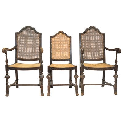 Lot 348 - Set of six William and Mary style oak dining chairs, oak draw-leaf dining table and a sideboard