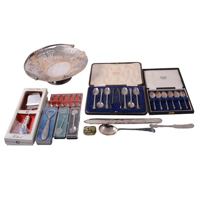 Lot 232 - Three cased sets of silver teaspoons, and various other plated flatware and a comport.