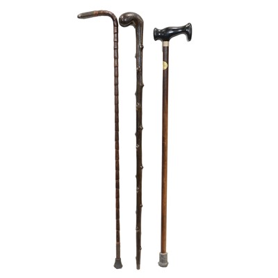 Lot 198 - Three walking sticks and a bamboo magazine rack