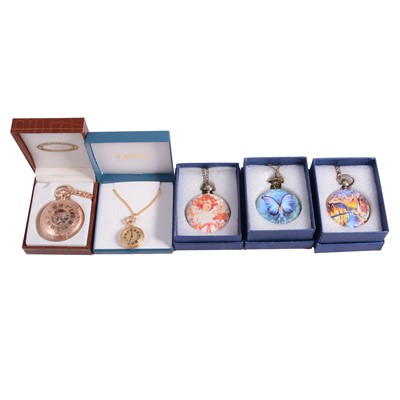 Lot 427 - Twelve pocket and fob watches, two nurses' style watches, and two miniature brass clocks.