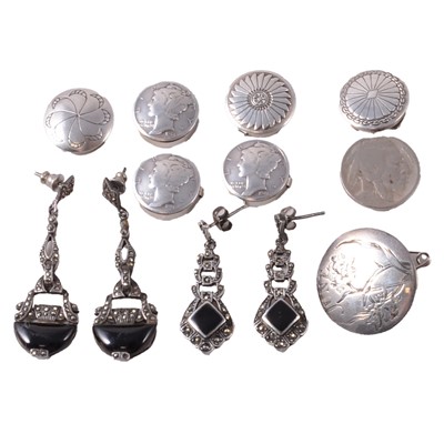 Lot 230 - Silver button 'June', costume earrings and set of North American shirt button covers