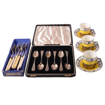Lot 261 - Set of six silver teaspoons, three Worcester coffee cans with silver frames, sundry cutlery