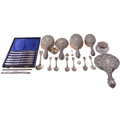 Lot 243 - Matched set of six silver spoons, serving spoon, and other sundry silver