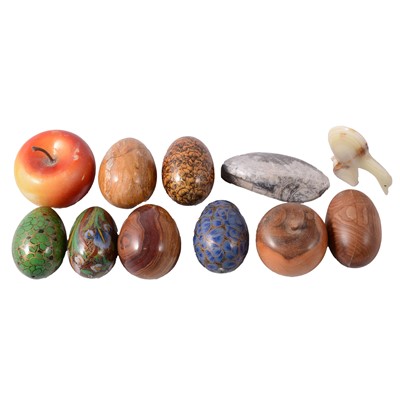 Lot 55 - Collection of carved hardstone and turned wood eggs, and other ornaments