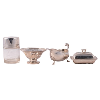 Lot 256 - Silver miniature entree dish, sauce boat, bonbon dish and silver lidded glass jar