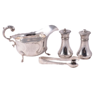 Lot 238 - Small silver sauceboat, pair of condiments and a pair of sugar tongs