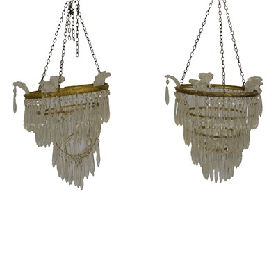Lot 405 - Pair of four-tier pendant light fittings, with prismatic drops.