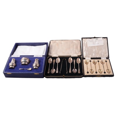 Lot 260 - Silver teaspoons and coffee spoons, and a three-piece condiment set, all cased