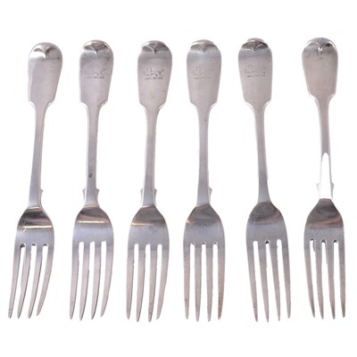 Lot 252 - Six silver Fiddle pattern table forks
