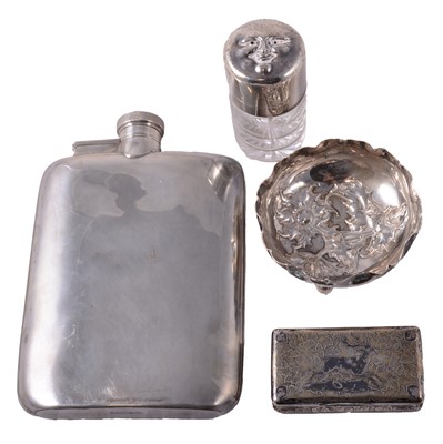 Lot 242 - A French silver snuff box, silver-plated hip flask, silver topped salts bottle, small dish.