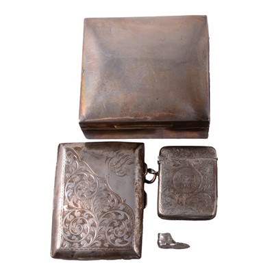 Lot 241 - Silver cigarette case, W J Myatt & Co, Birmingham 1912, vesta, and cigarette box.