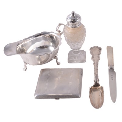 Lot 228 - Silver sauce boat, Barker Brothers, Chester 1911, and other silver and white metal wares.