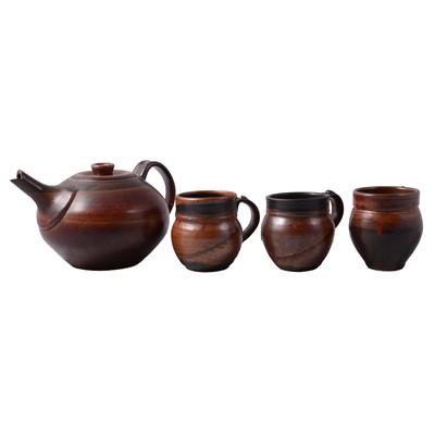 Lot 32 - Studio pottery teapot and three matching mugs, by Elsa Bennatar