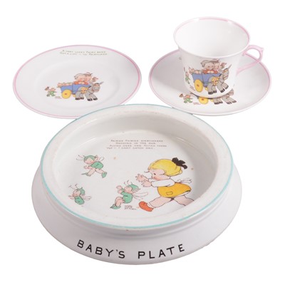 Lot 85 - Mabel Lucie Atwell for Shelley, a Boo-Boo series trio and Baby Food plate