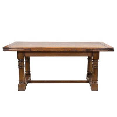 Lot 381 - Modern oak draw leaf dining table and six chairs