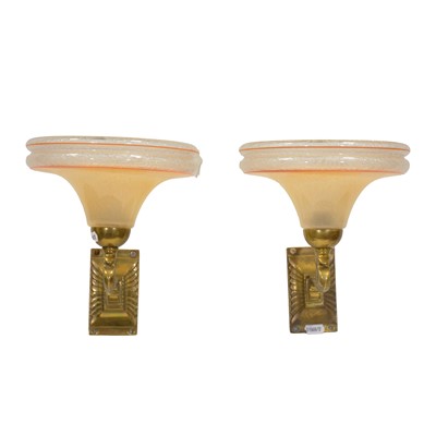 Lot 404 - Pair of Art Deco style glass and brass wall lights