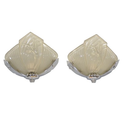 Lot 403 - Pair of Art Deco style glass and chrome wall lights, by Nesdam