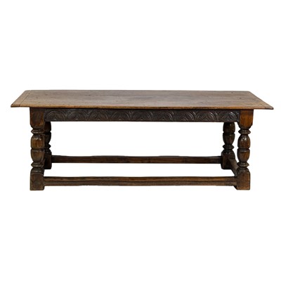 Lot 486 - Joined oak refectory-style dining table, and eight Lancashire type chairs