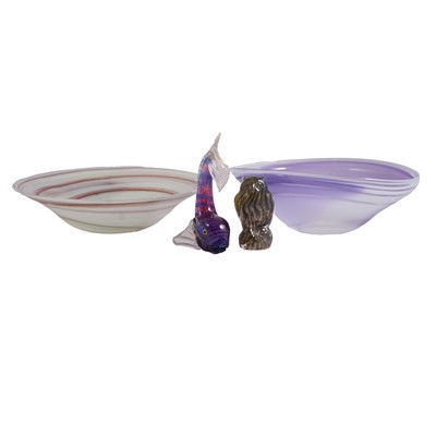 Lot 28 - Gibovskis art glass bowl, another glass bowl, Murano style model of a fish and an owl