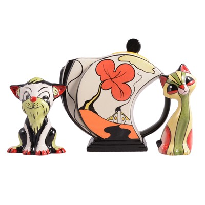 Lot 16 - Lorna Bailey Ellgreave pottery teapot, and two models of cats