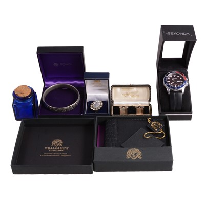 Lot 553 - A collection of silver, and costume jewellery, cufflinks, wristwatches, and wallet.