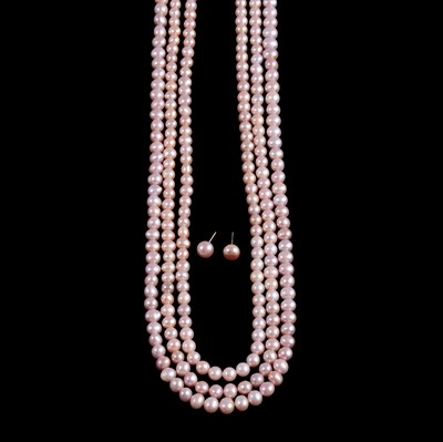Lot 271 - A three-row pink freshwater pearl necklace and earrings.