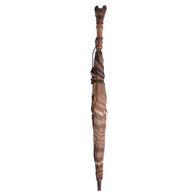Lot 587 - A vintage umbrella with carved wooden dog head handle, designer scarves, lace collars, and mantilla.