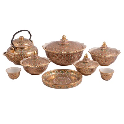 Lot 102 - Benjarong Thai porcelain suite of covered bowls and teaware