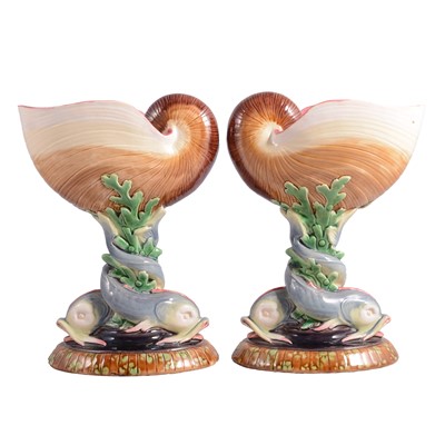Lot 10 - Pair of Minton majolica nautilus shell table centres