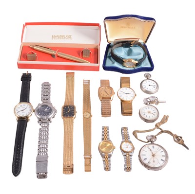 Lot 480 - Silver, white metal, and metal pocket watches, vintage wristwatches, pen and cufflinks.