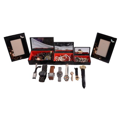 Lot 563 - A collection of white metal and costume jewellery, wristwatches, jewel boxes and photo frames.