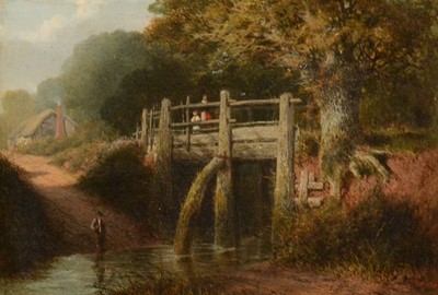 Lot 328 - Attributed to W G Jones, Figures on on a wooden bridge (A view in Essex?)